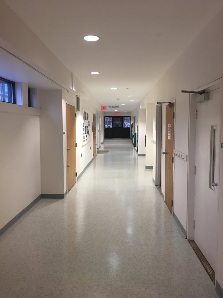 Long empty hallway with white walls, fluorescent lighting, wooden doors on both sides, and polished concrete floor in a modern office or institutional building